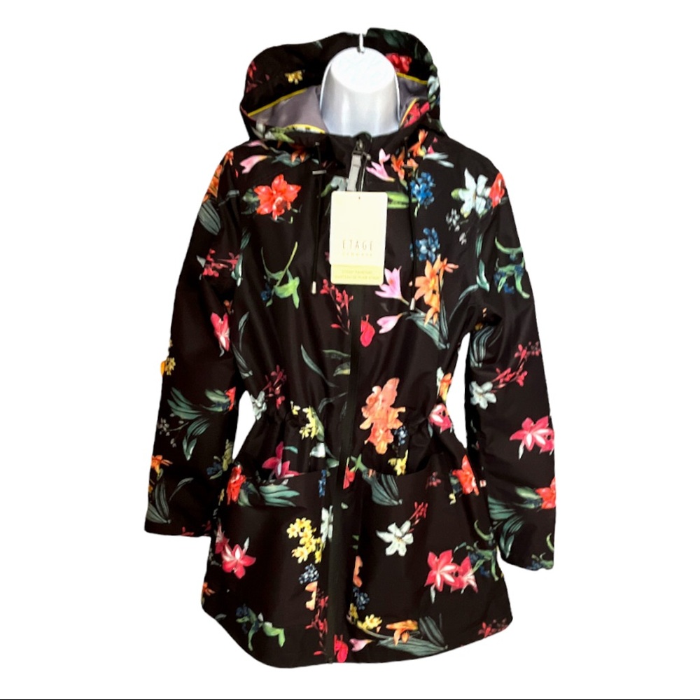 NWT - ETAGE  Black & floral waterproof raincoat Size Medium